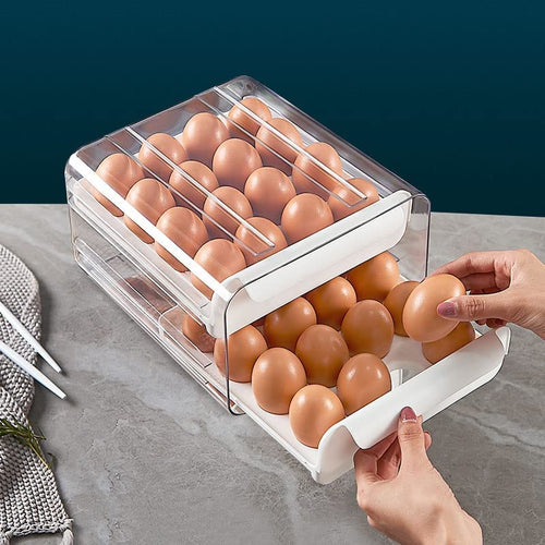 32 Grid Egg Container for Refrigerator, 2 Layer Drawer Egg Organizer with  Freshness Time Scale, Stackable Clear Fridge Egg Holder 