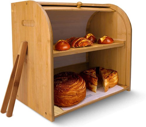 Large Bread Box for Kitchen Counter Double Layer Bamboo Wooden Extra Large Capacity Bread Storage Bin Kitchen Food Storage Container Farmhouse Style W