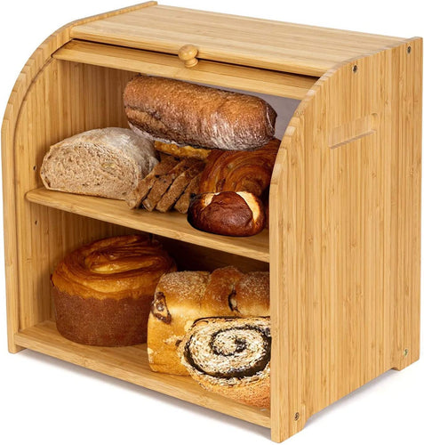 Large Bread Box for Kitchen Counter Double Layer Bamboo Wooden Extra Large Capacity Bread Storage Bin Kitchen Food Storage Container Farmhouse Style W