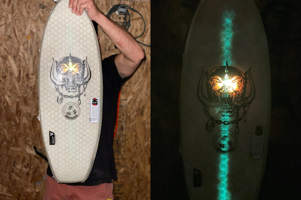 glow in the dark custom graphics on a shred skateboard