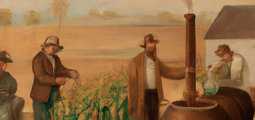 painting of early settlers in a corn field with a still.