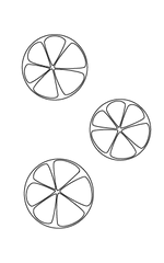 Illustration showing three oranges that are sliced in half. We can see the segments of the fruit, six for each.