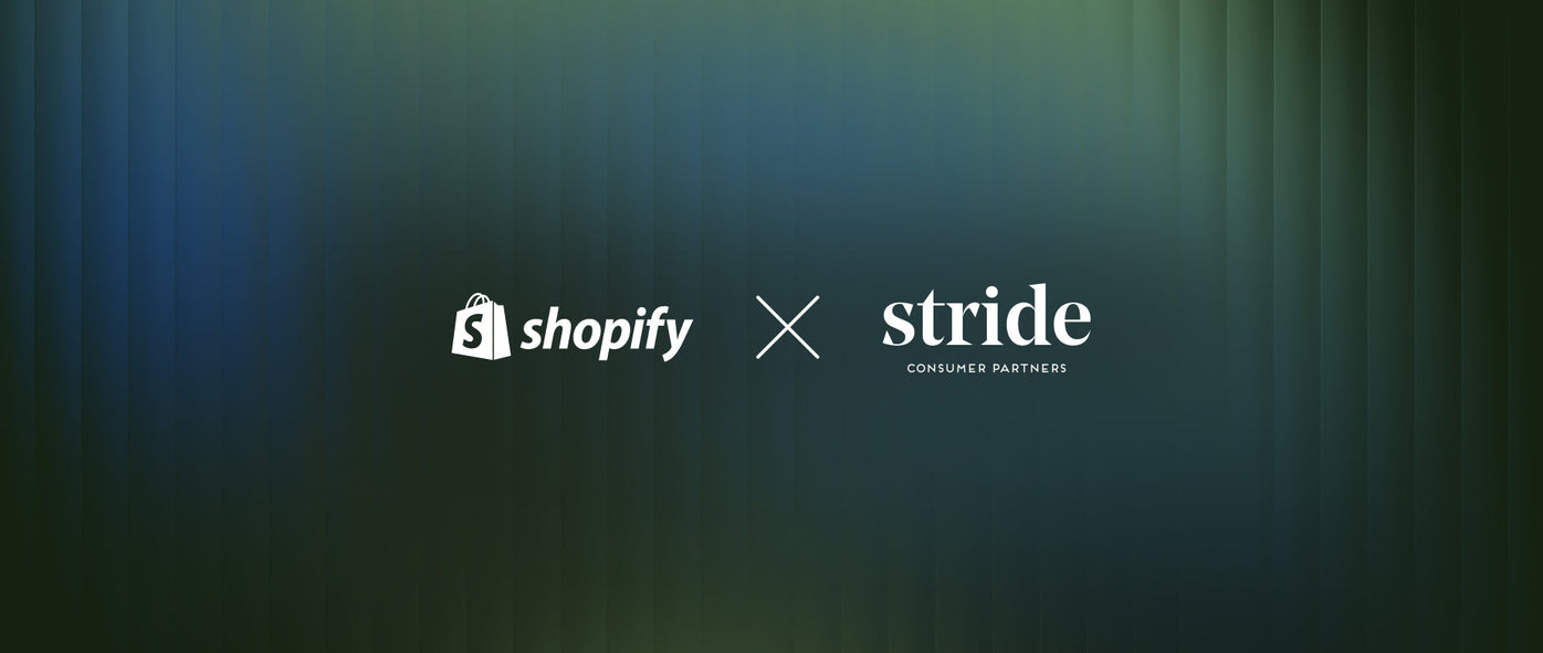 Logos for Shopify and Stride Consumer are shown with an x in between, displayed on a green gradient background..