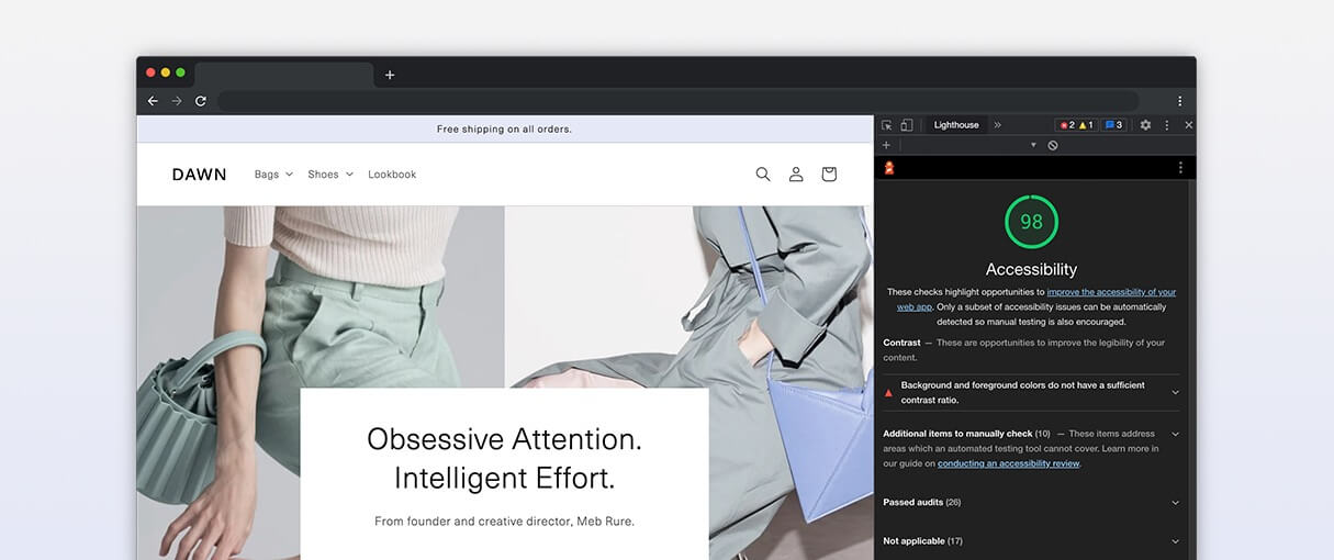 Theme store accessibility requirements: Dawn theme homepage opened in Chrome. Lighthouse displays accessibility score of 98.