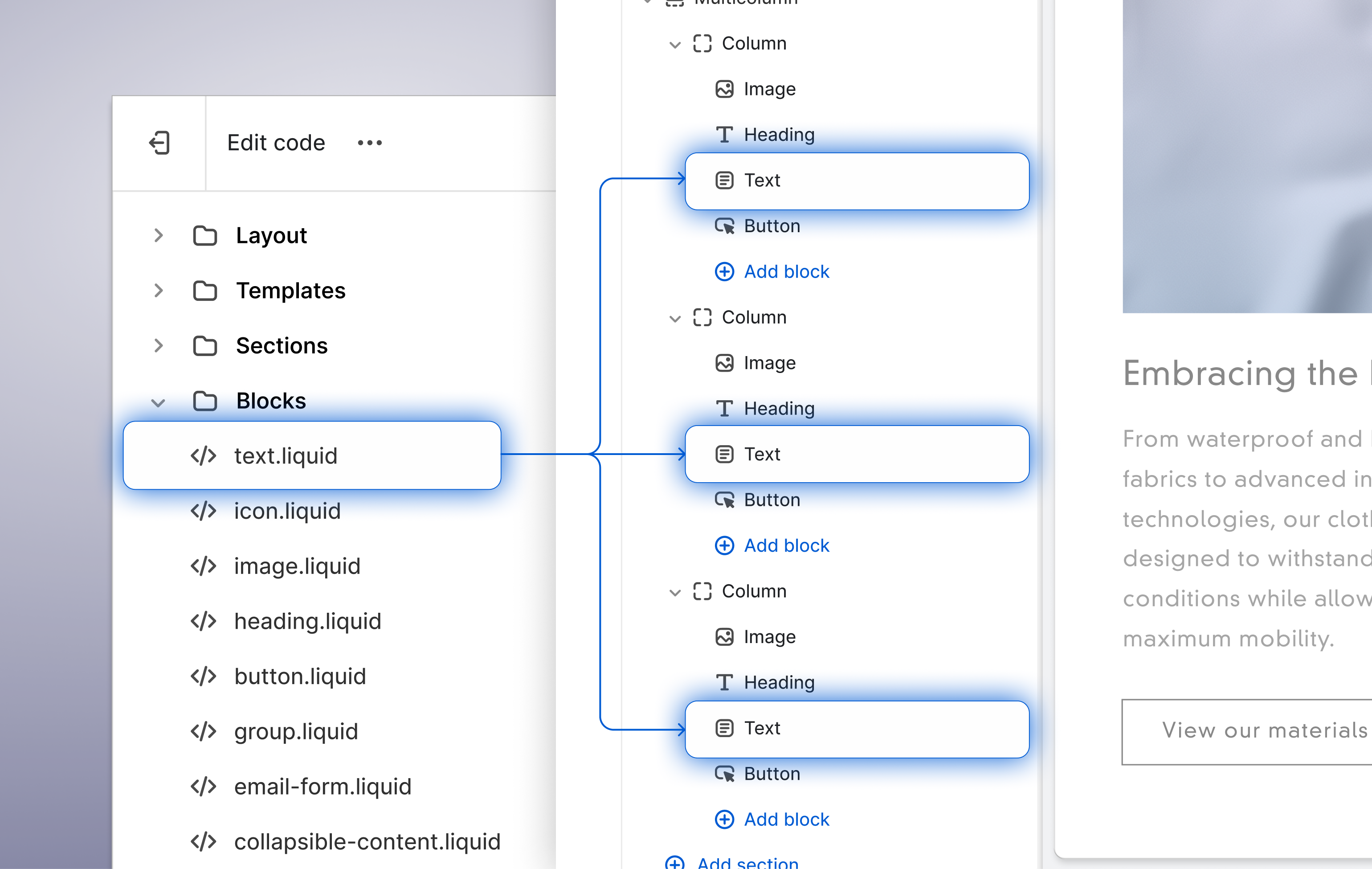 Theme blocks allow you to define a block once and then reuse it across sections to eliminate redundant work and coding.