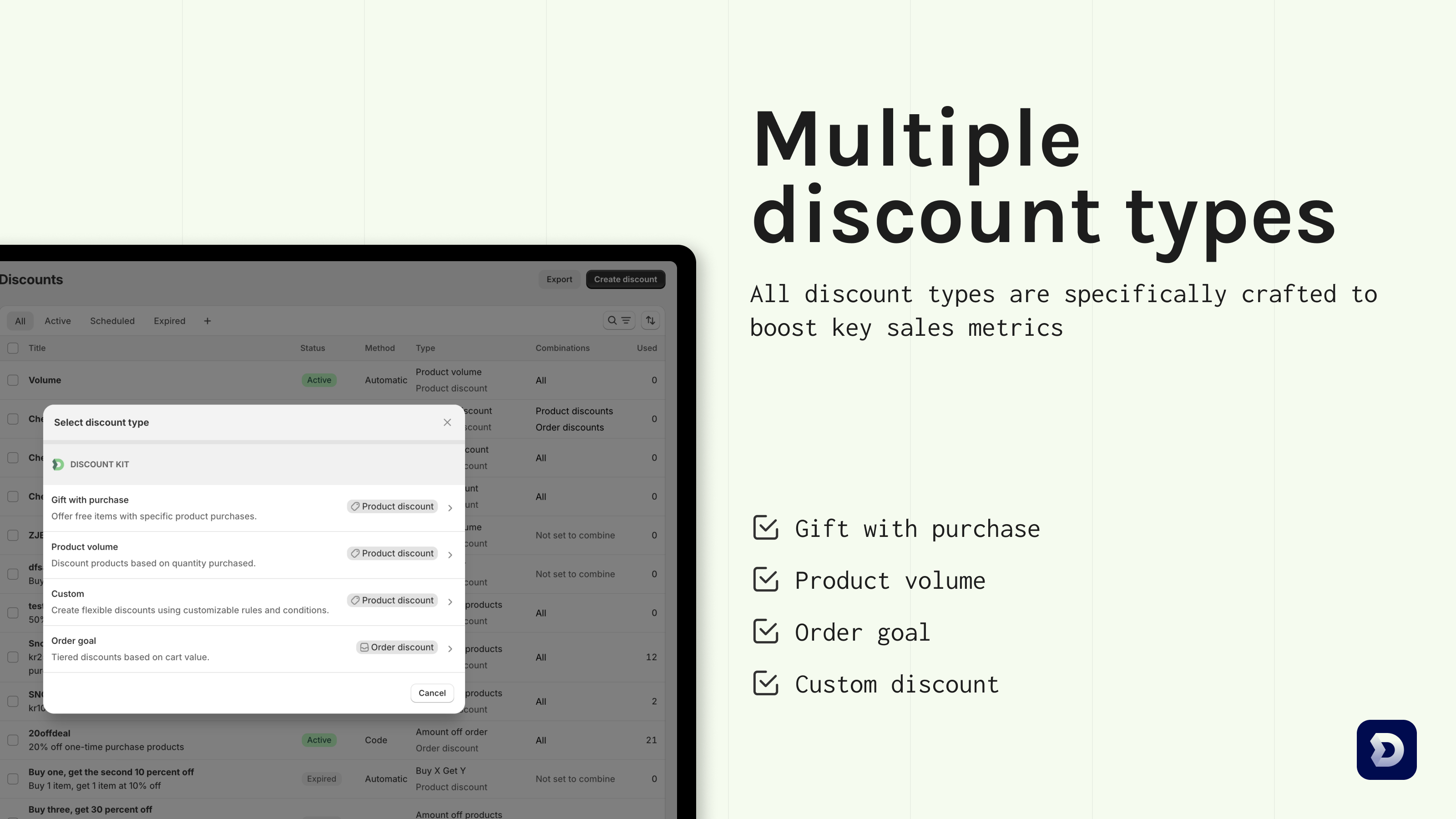 A screen showing multiple discount type options, including gift with purchase, product volume, custom, and order goal.