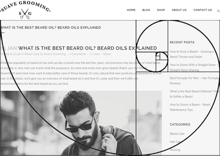 The Golden Ratio concept overlaid on a webpage selling men's beard oil, showing the concept in practice with a smaller sidebar.