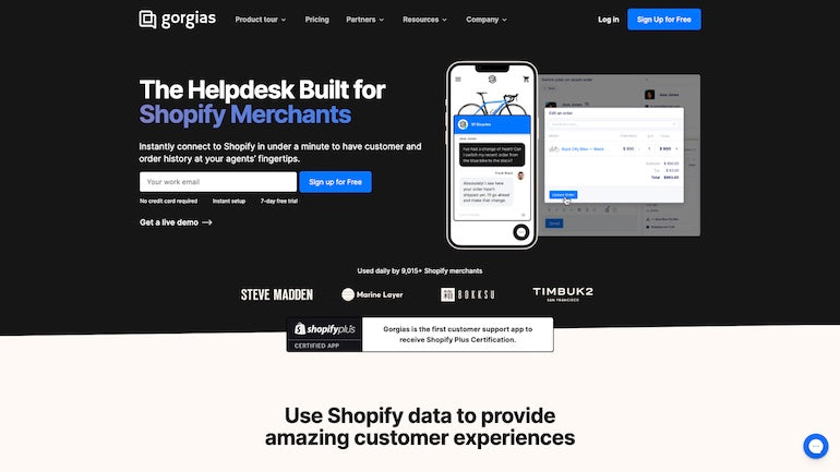 Screenshot of the Gorgias homepage displaying "The helpdesk built for Shopify merchants" and a phone beside it