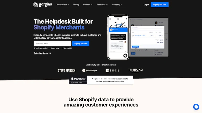 Screenshot of the Gorgias homepage displaying "The helpdesk built for Shopify merchants" and a phone beside it