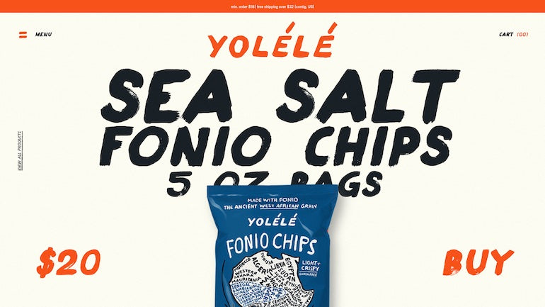 Screenshot of the Yolélé main homepage displaying "Sea to Salt Fonio Chips" against an orange background