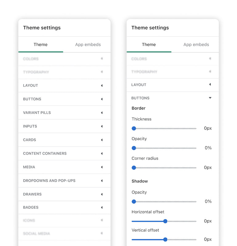 The theme settings section where you can toggle your options