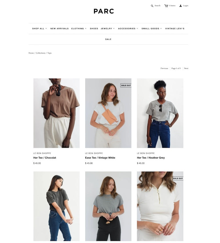 Screenshot of Parc Boutique main webpage, six models wearing product in a grid format