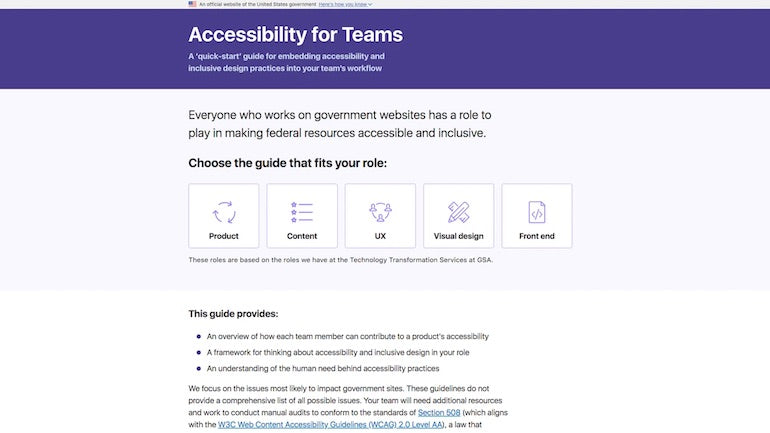 Screenshot of Accessibility for Teams main webpage that allows the user to choose the accessibility guide that best fits their role