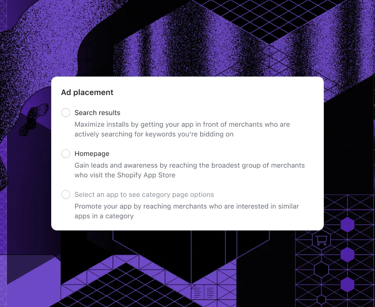 Selecting homepage ad placement on the Shopify App Store