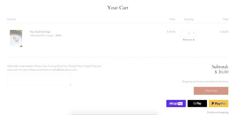 Microcopy: screenshot of the checkout page for website "Hello Adorn" Displaying item (image, description, price), Subtotal of $30.00 CAD, as well as various payment option buttons