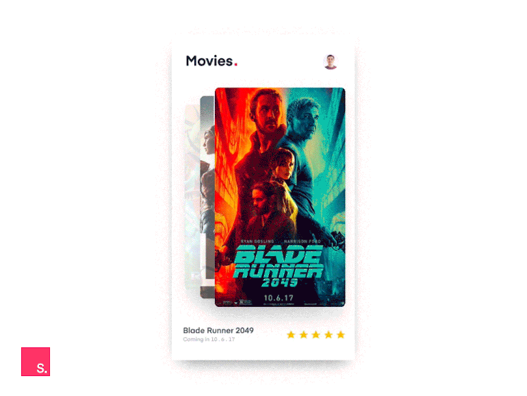 Microinteractions: A GIF showing the swipe feature on a phone when scrolling through movies. The user scrolls through titles such as Blade Runner 2049 and Justice League.