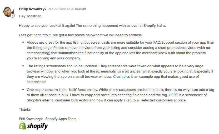 Nuove linee guida e risorse per essere inseriti nell'App Store di Shopify: email di Phil