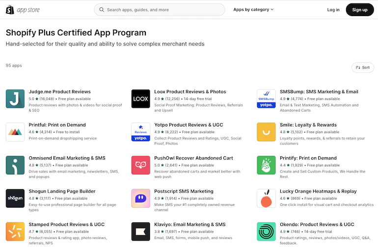 The Shopify Plus Certified App Program collection on the Shopify App Store.