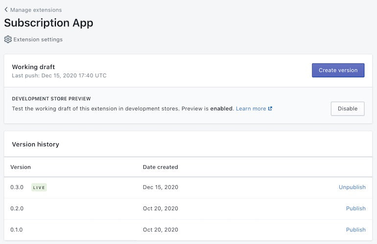 Shopify-API-release-January-2021: screengrab of subscription app manager in the partner dashboard