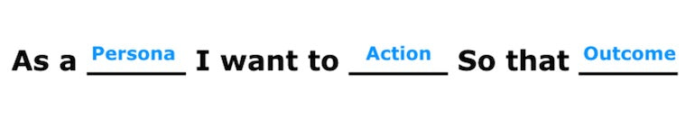 App development process: A fill-in-the-blank user story template that outlines a user story. The formula is: As a "persona" I want to "action" so that "outcome."