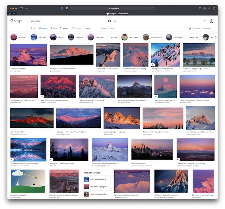 App icon: Screenshot of a Google image search of "alpenglow," the optical phenomenon that appears as a horizontal reddish glow near the horizon. It's known among photographers as one of the best times of the day to take photographs.