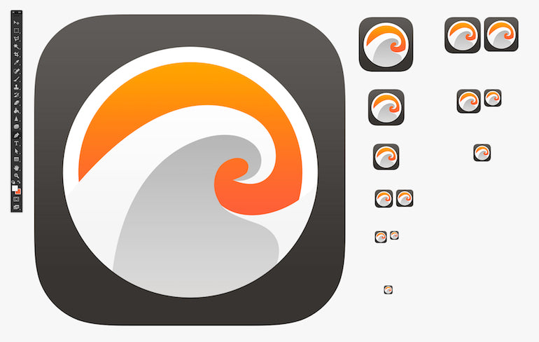 App icon: Screenshot of a large icon next to various smaller sizes of the same app icon in a graphic design tool, demonstrating the importance of scalability.