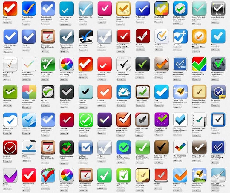 App icon: 84 app icons in a grid formation that each show a slightly different stylized check mark to indicate a task list app.