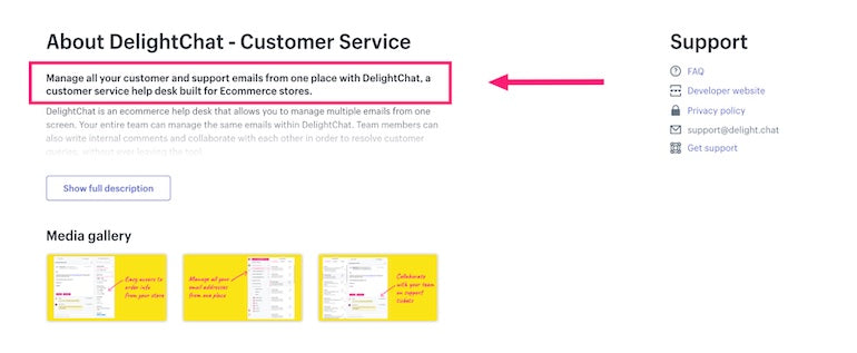 App installs: Screenshot of DelightChat's app description with the first paragraph highlighted.