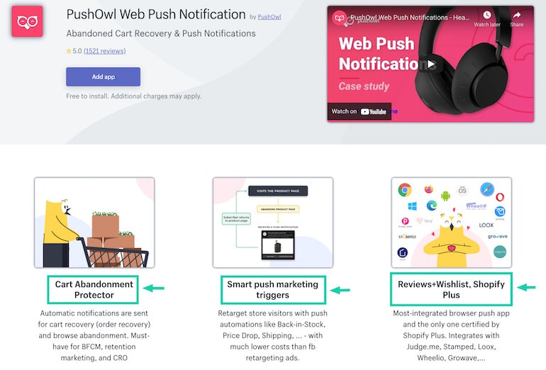 App installs: Screenshot of PushOwl's landing page on the Shopify App Store with key benefits highlighted.