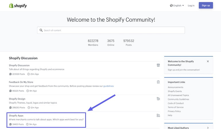 Screenshot of the Shopify Community home page with the category Shopify Apps highlighted