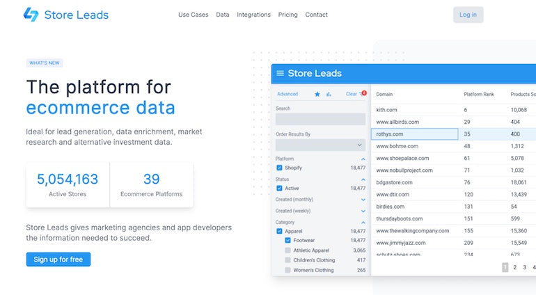 App installs: screenshot of the Store Leads home page