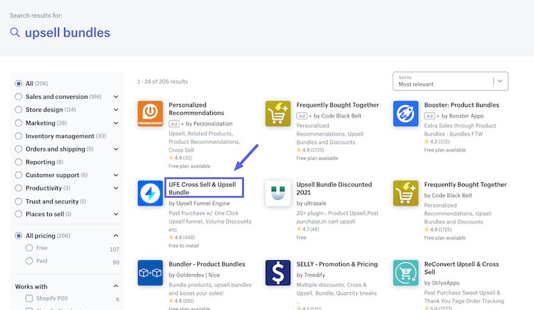 App installs: Screenshot of search results for upsell bundles with Upsell Funnel Engine's app highlighted.