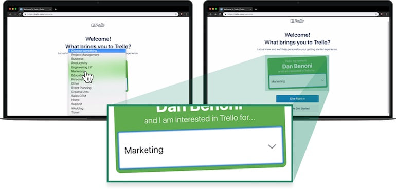 App onboarding: Three screenshots showing how Trello asks users to indicate what they are interested in using Trello for.