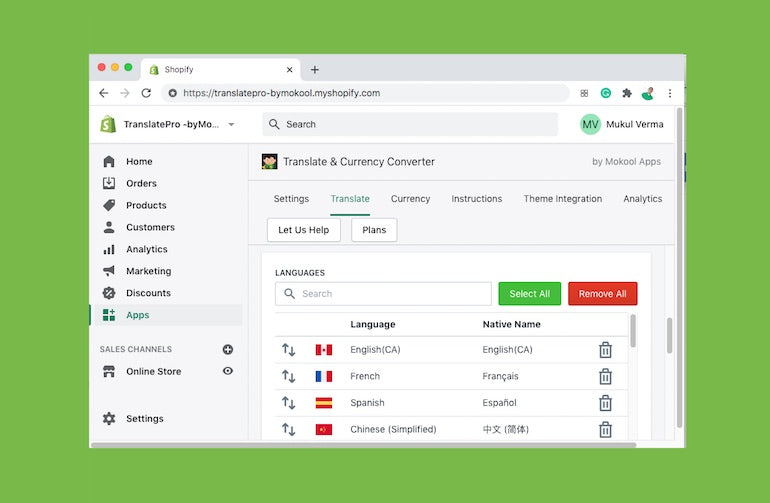 App store lessons: Screenshot of the user interface of the Translate & Currency Converter Pro app, inside the Shopify Admin. The screenshot shows the Translate tab is selected with the following languages as options: Canadian English , French, Spanish, and Simplified Chinese.