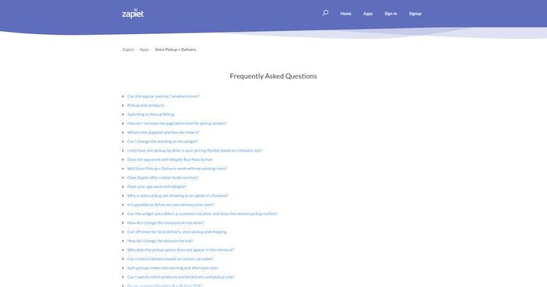 app support: FAQ section on Zapiet's website