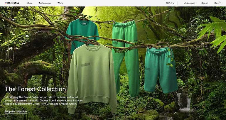 app trends: pangaia website landing page with headless theme (no models), shirts hanging from tree branches 