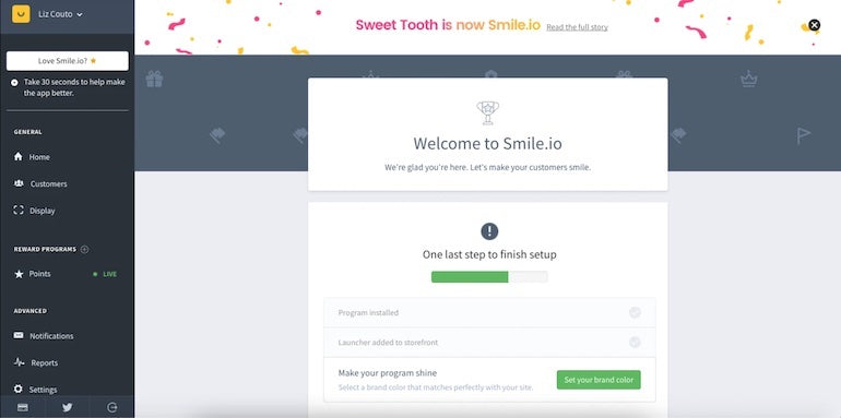 app user retention: Smile.io's pre-completion webpage depicting a celebratory banner at the top and multiple calls to action
