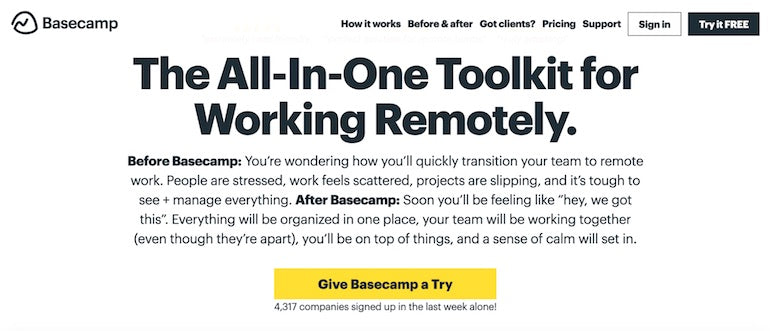 app ux: A screenshot of Basecamp's website home page, displaying a description of Basecamp and a bright yellow button to click to try the product.