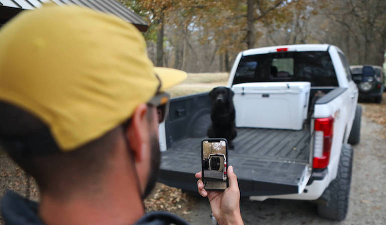 A shopper using Gunner's AR experience on their smartphone to visualize what the kennel they've selected would look like next to their dog on the back of a pickup truck.