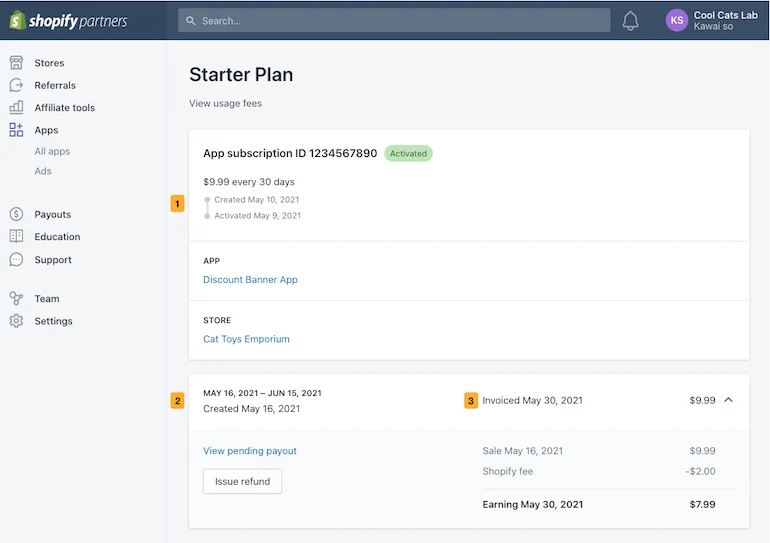 Billing management: Screenshot of the new Charge overview page, which now shows 1. the app charge status date 2. the app subscription cycle 3. the merchant invoice date