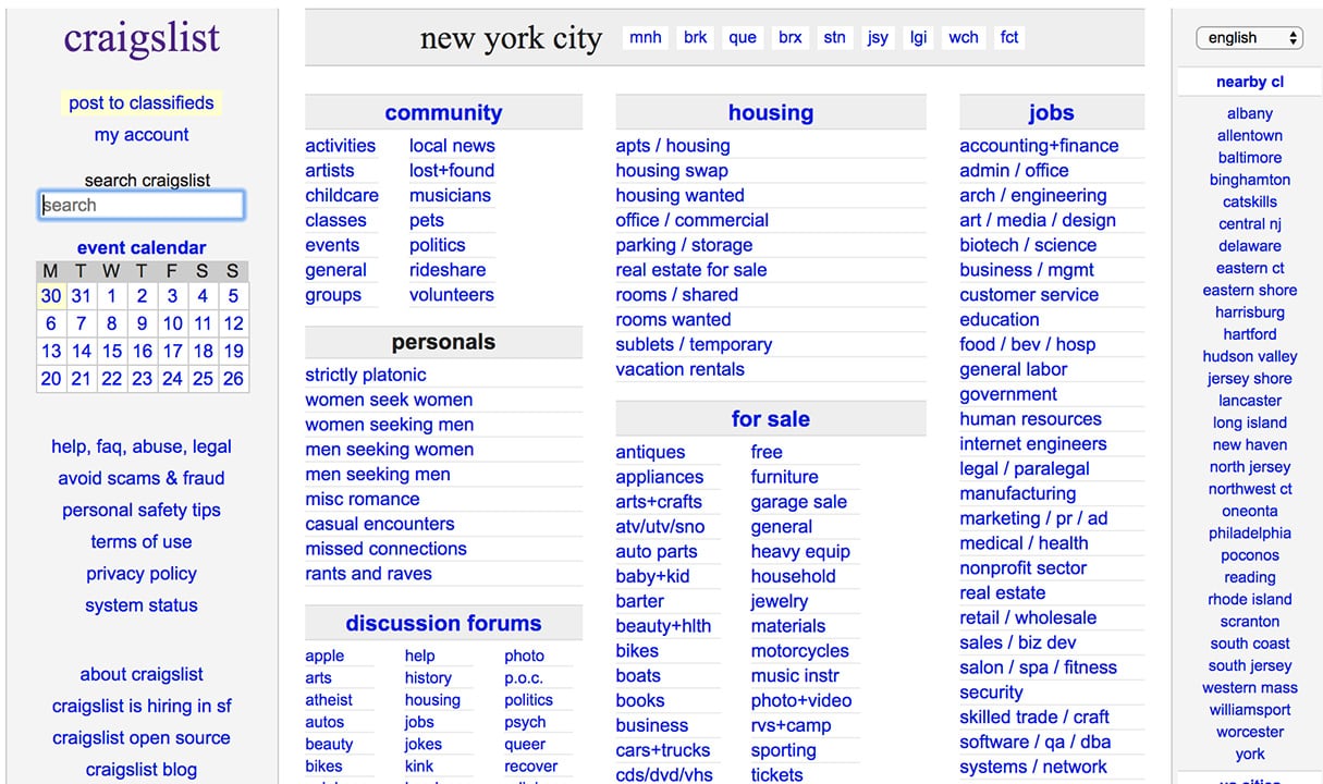 brutalist web design: craigslist