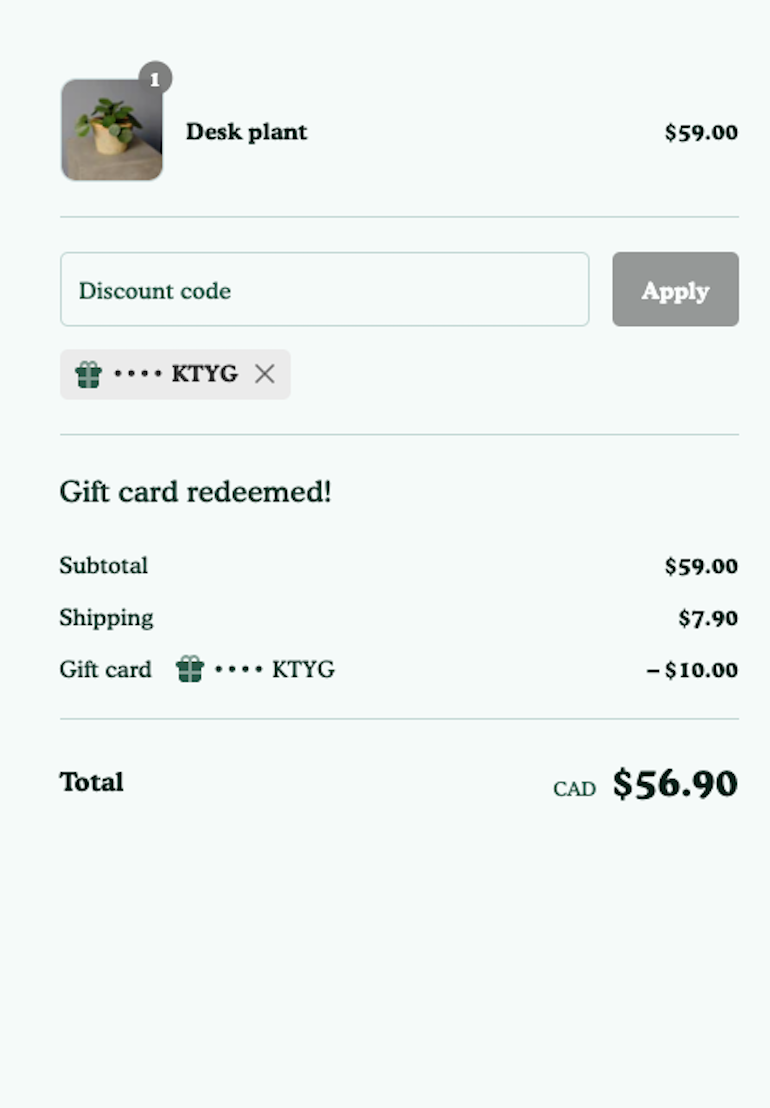 Checkout UI extensions: An example of a gift card being applied at checkout