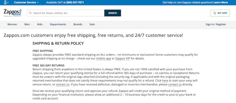 Screenshot of Zappos's robust shipping and return policy, which  reduces customers' perceived risk of making a purchase.