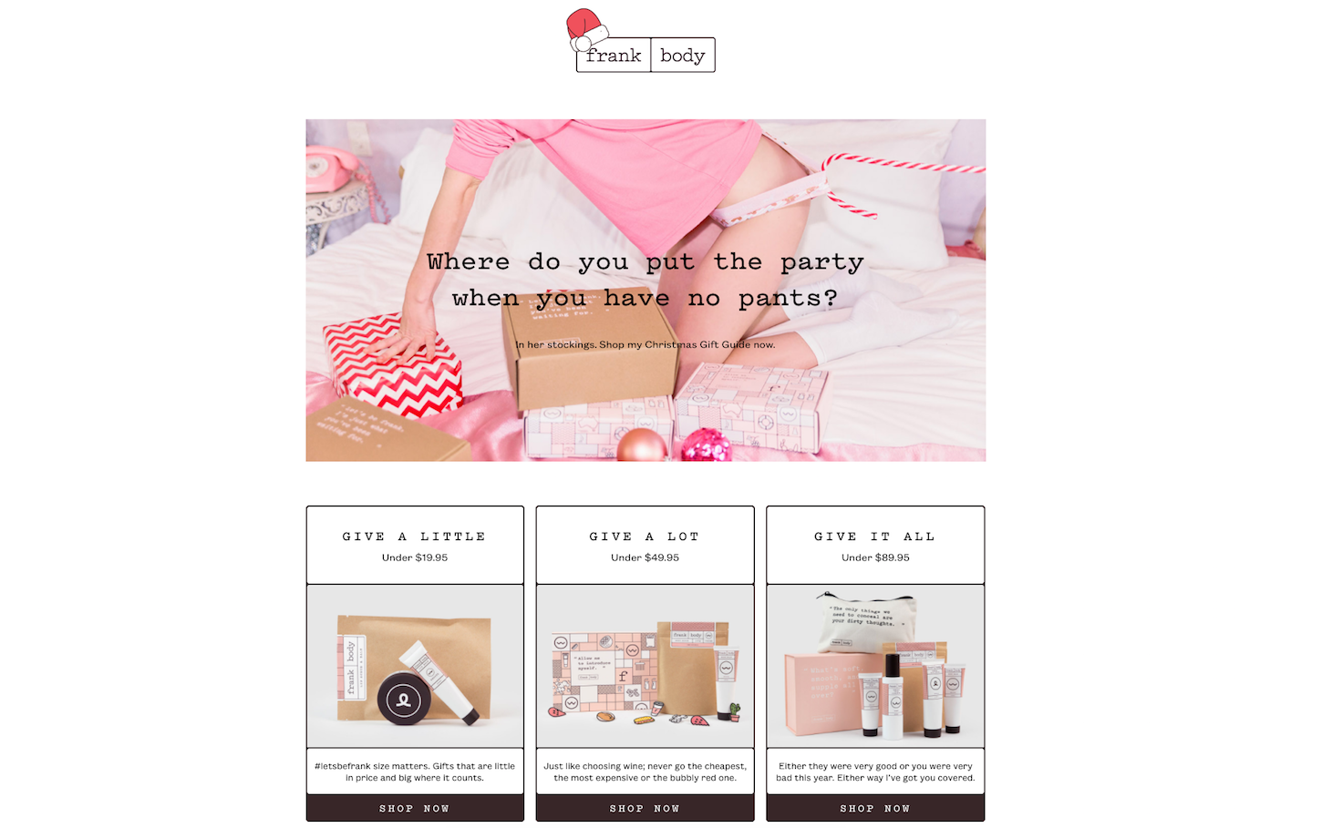 Christmas-themed ecommerce website: Frank Body gift personas by Love + Money