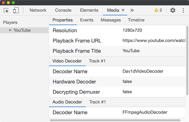 chrome developer tools: media panel