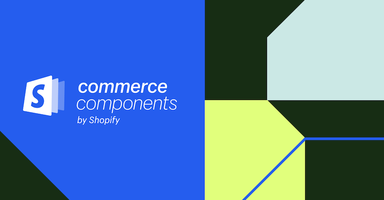 stylized graphic of color-blocked sections and the Shopify logo with the words commerce components by Shopify on the left side