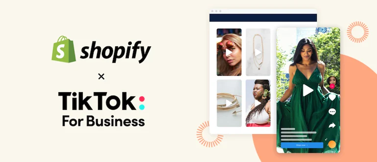 Shopify x Tiktok for business – ads on Tiktok for clothing and accessories layered over a background with geometric shapes.