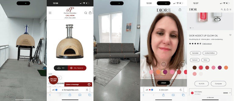 Three images from three different businesses using AR and 3D product viewers to digitally place their products in the customer's space or on their body. From left to right: a pizza oven on a balcony, a couch in a living room, and a pink shade of lipstick on a woman's lips.