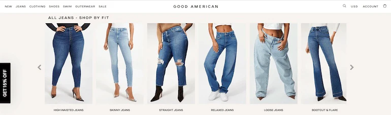 Screenshot of the top of the Good American webpage for women's jeans showing six different fits of jeans, each on a woman of a different size and body type.