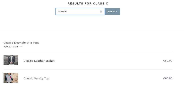 custom search: page displaying search results for the term 'classic'